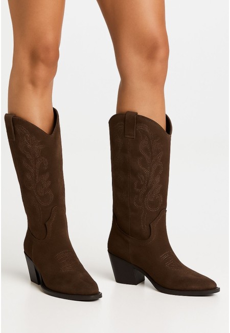 Botas cowboy chocolate mujer con bordados y tacón medio | Bluwer